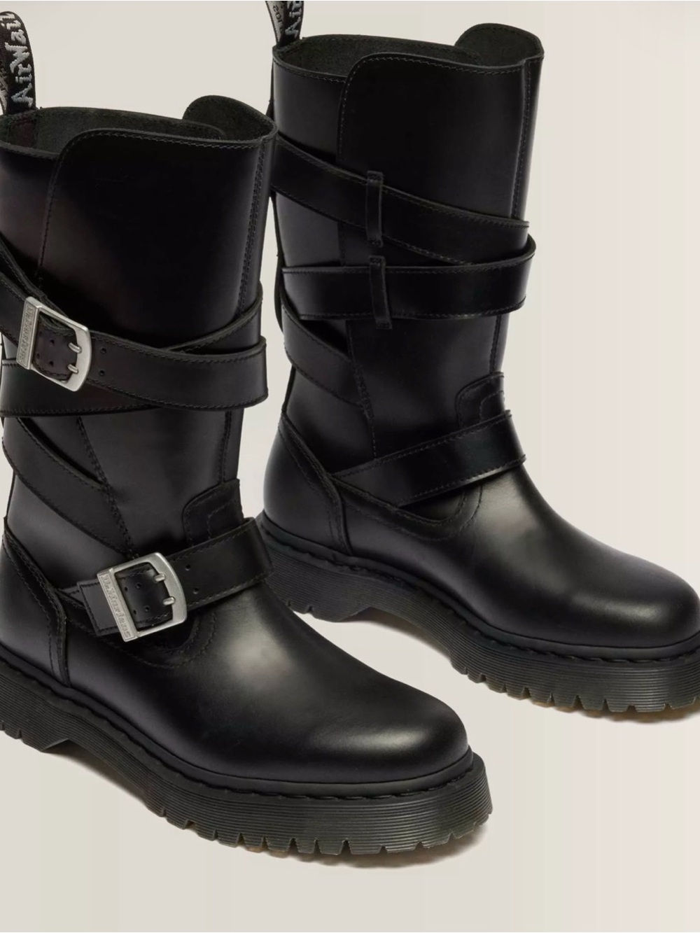 Dr. Martens Black Anistone Strap Leather Buckle Mid-Calf Boots size 8 US